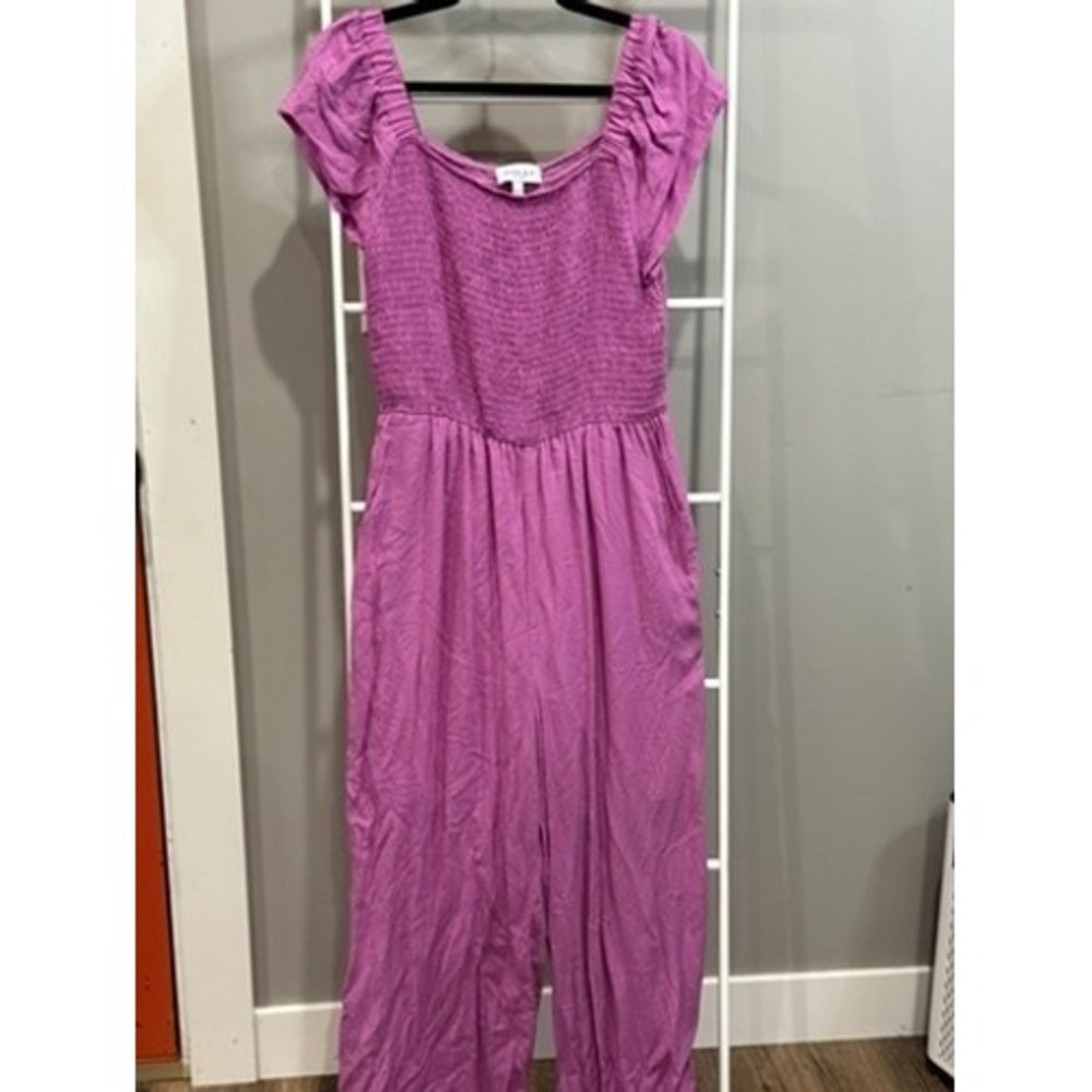 Gilli Orchid Swiss Dot Smocked Jumpsuit Wide Leg Large Boho Romantic Feminine